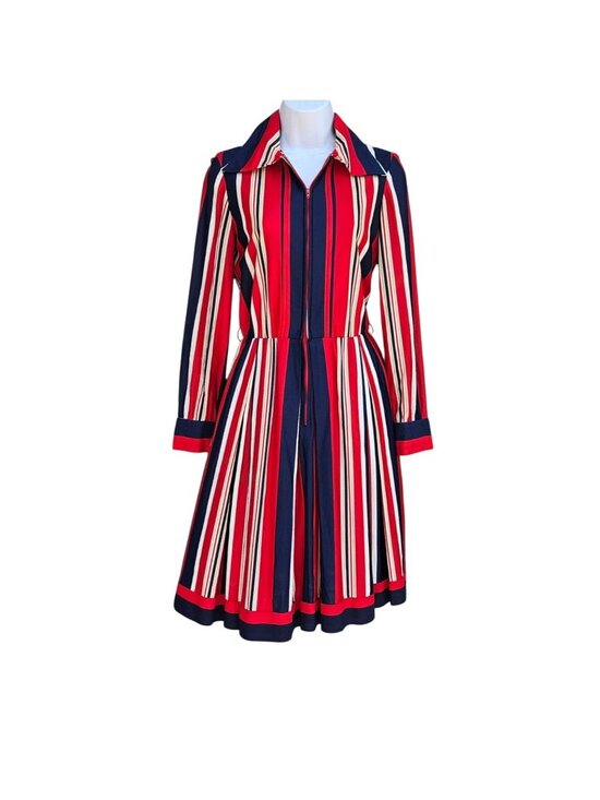 Anjac Fashions Dresses & Skirts - Vintage 70s California Stripe Nylon Knit Dress Red White Blue Zip Front Womens M